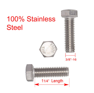 3/8"-16 X 1-1/4" (25pc) Stainless Hex Head Bolt, Fully Threaded, 18-8 Stainless