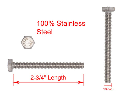 1/4"-20 X 2-3/4" (25pc) Stainless Hex Head Bolt, Fully Threaded, 18-8 Stainless