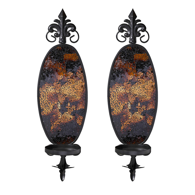 6 x 19 Inches Decorative Metal Wall Candle Sconce - Mosaic Glass Set of 2 (Gold Brown