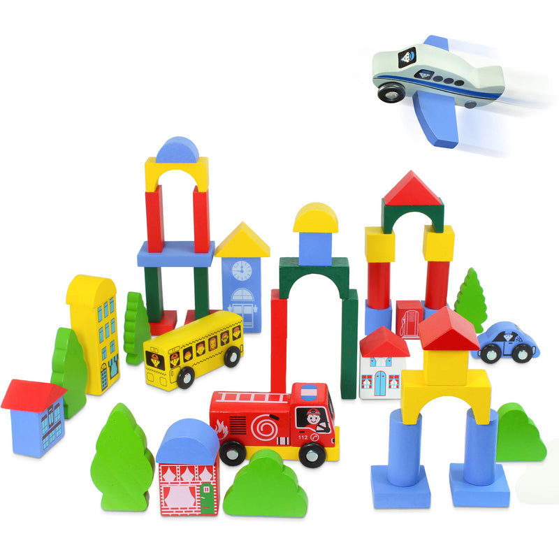 Kidzlane Wooden City Building Blocks - 50 Pc Wood Block Variety Set with Vehicles, Houses