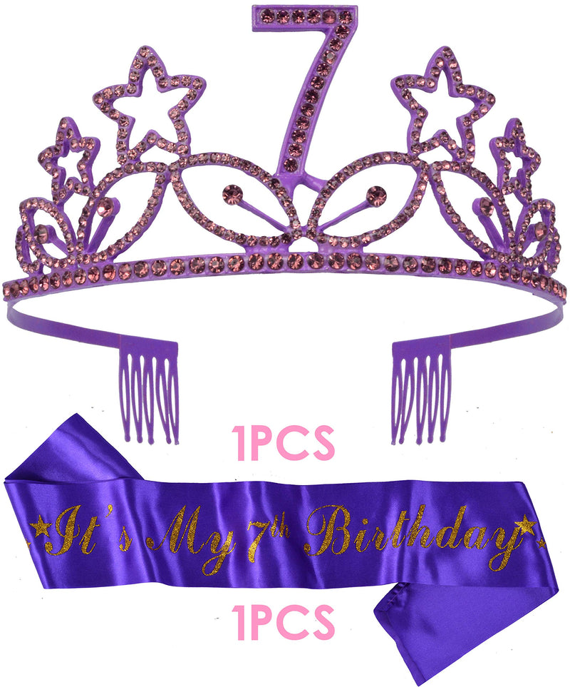 7th Birthday Gifts for Girl, 7th Birthday Tiara and Sash Purple, HAPPY 7th Birthday Party