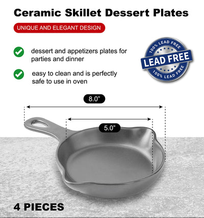 5" Matte Black Elegant Round Ceramic Skillet Dessert Plates, Stackable Set of 4 Dessert