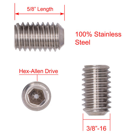 3/8"-16 X 5/8" Stainless Set Screw with Hex Allen Head Drive and Oval Point (25 pc), 18-8