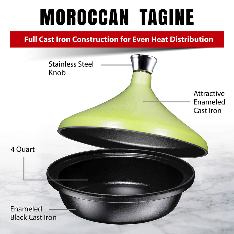 Bruntmor Matte Green Cast Iron Moroccan Tagine 4-Quart Cooking Pot with Silver knob