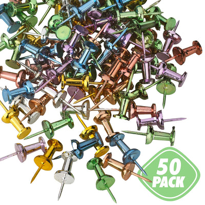 Kicko Metallic Push Pin Thumb Tack - 50 Pack - 1 Inch - for Kids, Arts, Crafts, Party