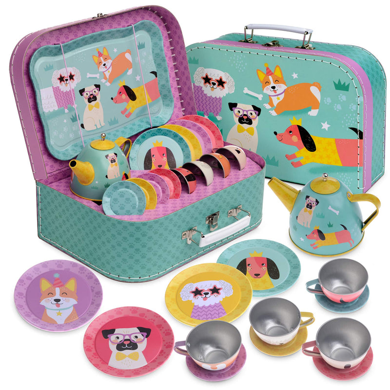 15 Piece Girls Pretend Toy Tin Tea Set Carrying Case Ballea