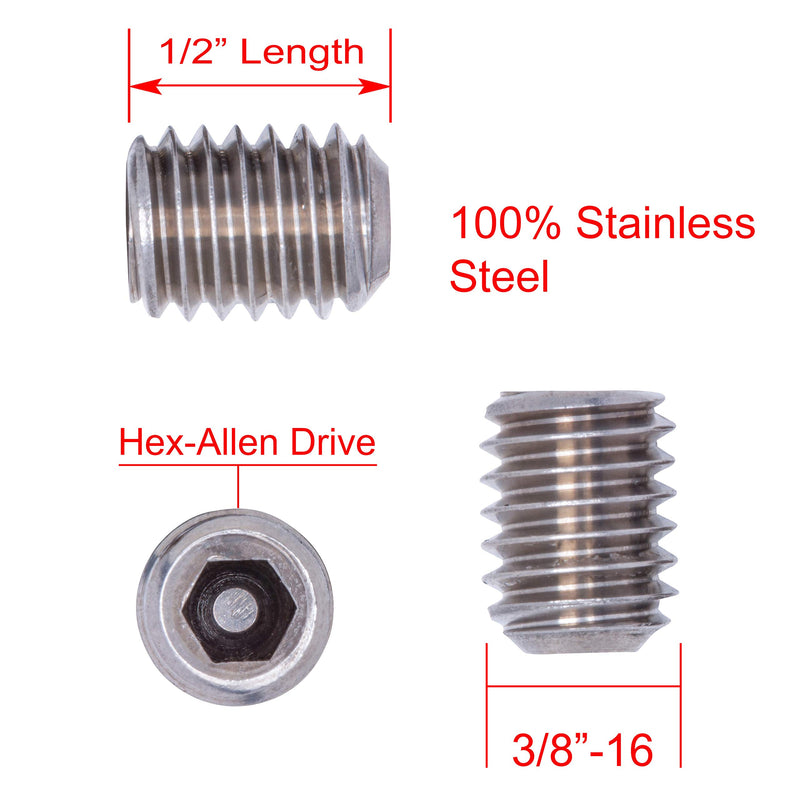 3/8"-16 X 1/2" Stainless Set Screw with Hex Allen Head Drive and Oval Point (25 pc), 18-8