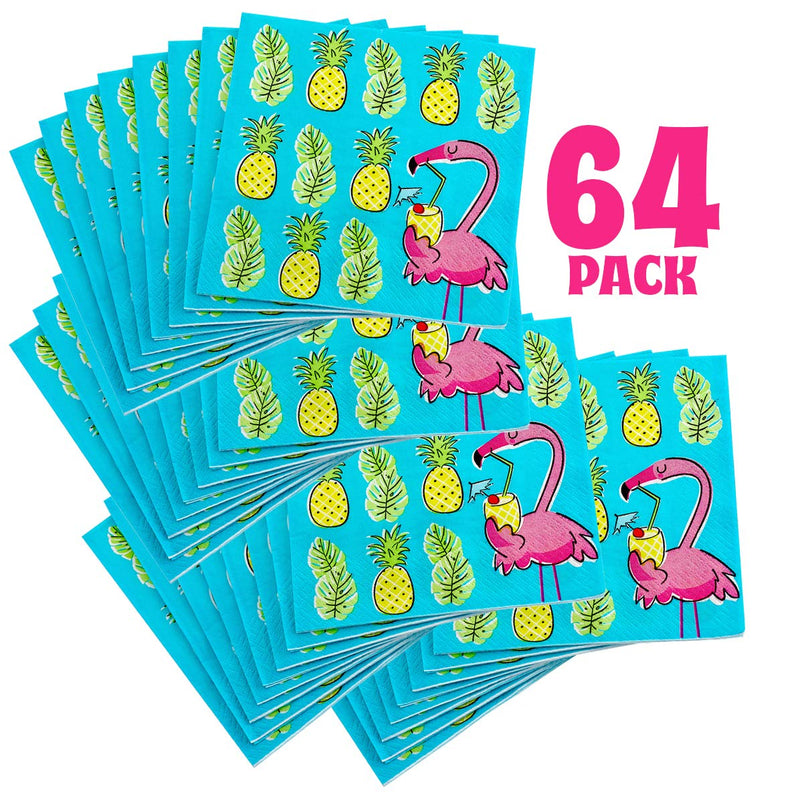 Kicko Tropical Paper Napkins - 64 Pack, with Flamingos and Pineapples - 6.45 Inches