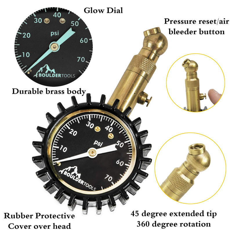 Boulder Tools Heavy Duty Tire Pressure Gauge - 75 PSI - Certified ANSI Accurate tire