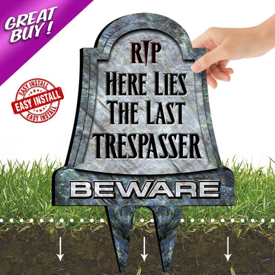 Funny or Scary No Trespassing Sign. Beware Tombstone Metal Lawn Sign | Halloween Yard