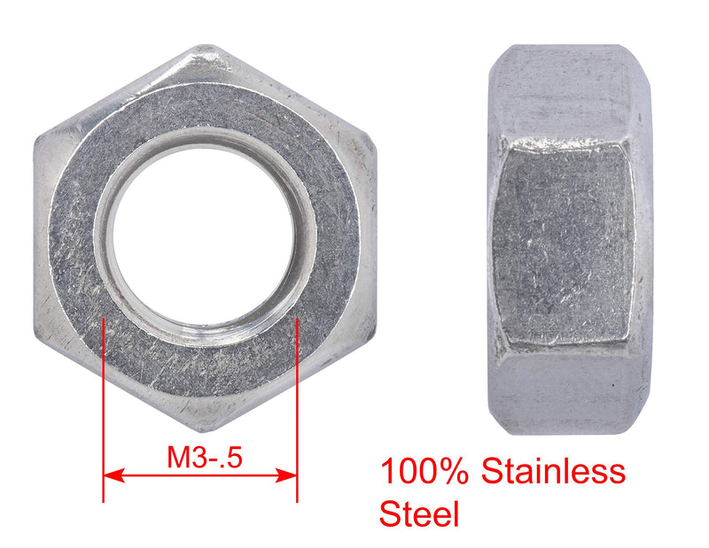 M3-.50 Metric Stainless Hex Nut, (100 Pack), 304 (18-8) Stainless Steel Nuts, DIN 934,