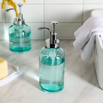 12 &10 Ounce Blue Glass Soap Lotion Dispenser Set, Unique Design Pump for Bathroom