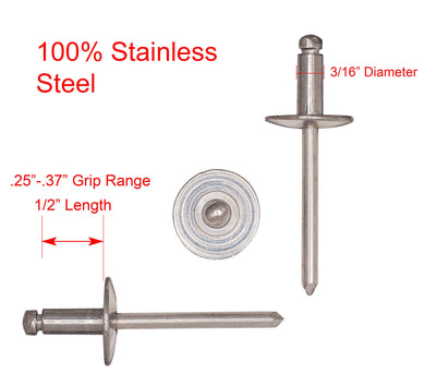 68 Large Flange Stainless Rivets (25pc) 3/16" Diameter, Grip Range (3/8" - 1/2"), All 18