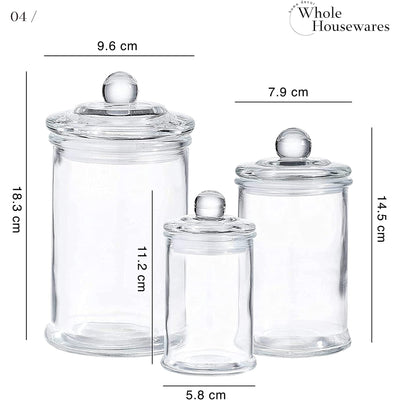 Glass Apothecary Jars With Lids - Set Of 3 - Small Glass Jars For Bathroom Storage / Qtip