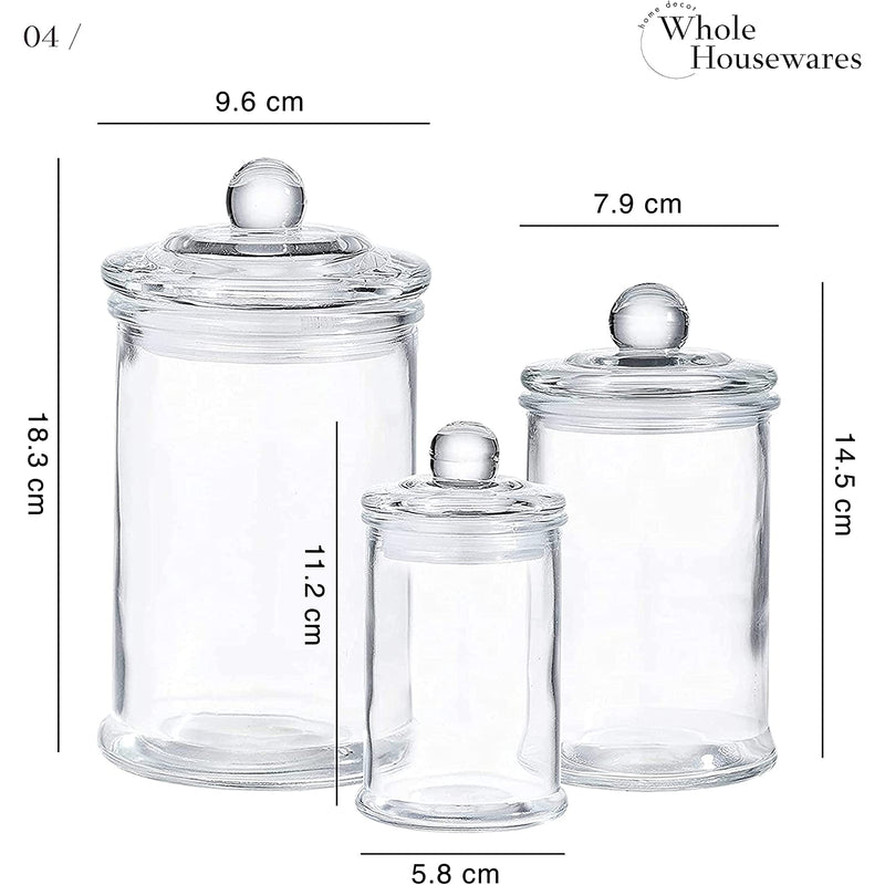 Glass Apothecary Jars With Lids - Set Of 3 - Small Glass Jars For Bathroom Storage / Qtip