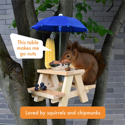 Squirrel Feeder Table With Umbrella - Solid Wooden Chipmunk Picnic Table Feeder