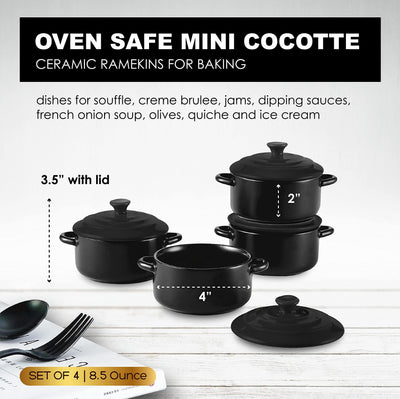 Bruntmor 8.5 Ounce Mini Cocotte Ceramic Ramekins for Baking, Mini Casserole with Lid