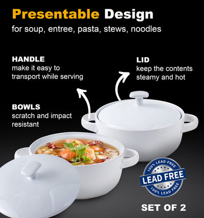 Bruntmor Bake & Serve Oven Safe Ceramic Soup Bowls With Handles and lids - 20oz Set of 2