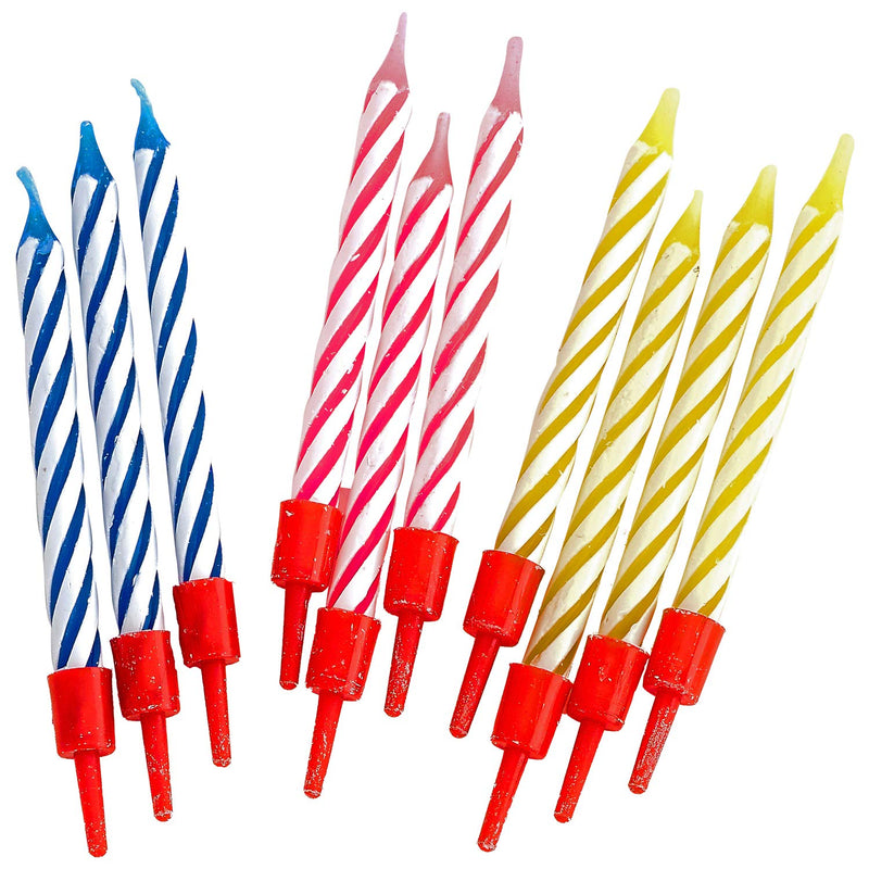 Kicko Striped Spiral Birthday Cake Candles in Holders - 60 Pack - 2.25 Inch - 3 Colors