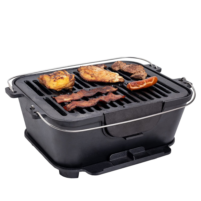 Heavy Duty Pre-Seasoned Cast Iron Portable Grill, 14"X12" Grilling Surface, Outdoor