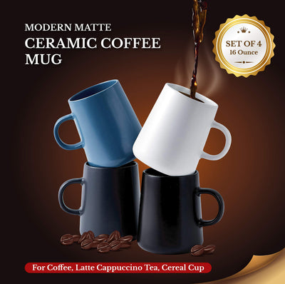 Bruntmor Modern Matte Large 16 Oz Ceramic Coffee Mug Set Of 4 Cups For Coffee, Latte