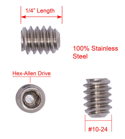 10-24 x 1/4" Stainless Set Screw with Hex Allen Head Drive and Oval Point (100 pc), 18-8