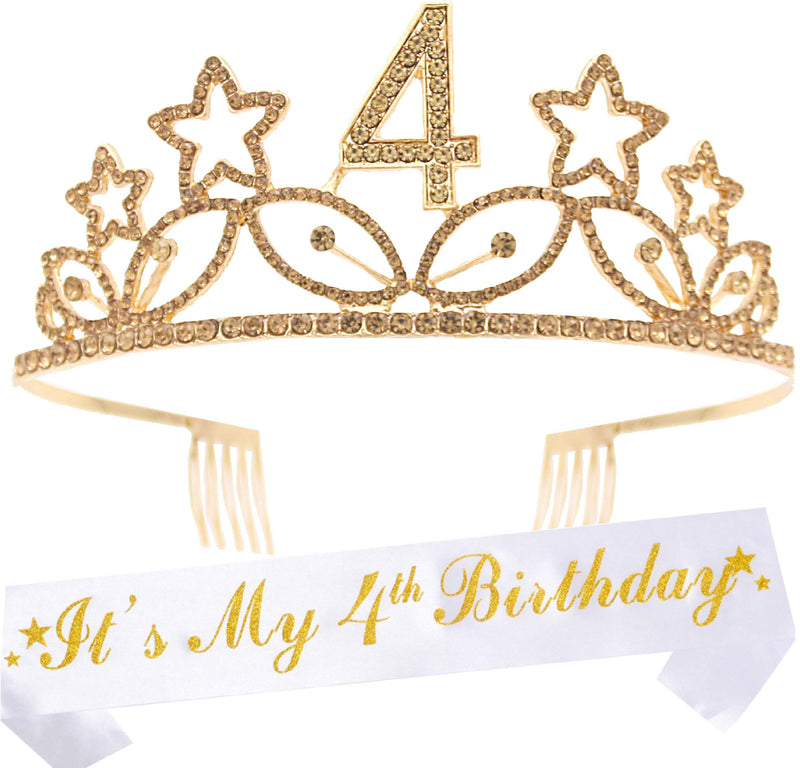 4th Birthday Gifts for Girl, 4th Birthday Tiara and Sash Gold, HAPPY 4th Birthday Party