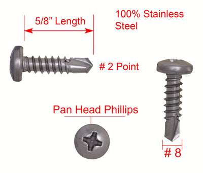 8 X 5/8" Stainless Pan Head Phillips Self Drilling Screw, (100pc), 410 Stainless Steel