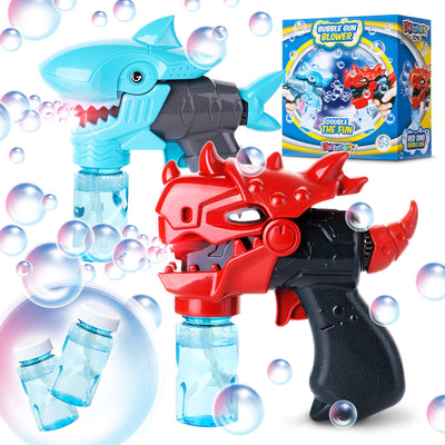 2 Bubble Guns with 2 Bottles Bubble Refill Solution for Kids, Dinosaur and Shark Bubble