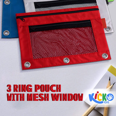 Kicko Pencil Case - 3 Ring Pouch with Mesh Window - Assorted Basic Colors Binder Pouch - 8