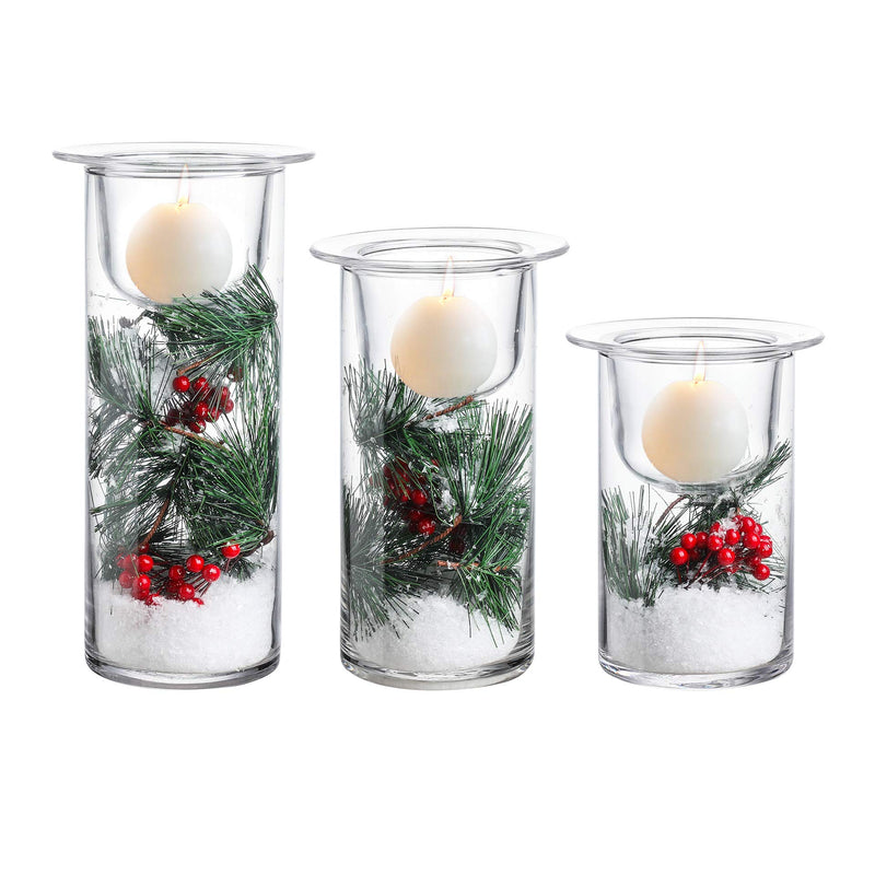 Glass Hurricane Candle Holders with Decorative Christmas Ornaments - Set of 3(Candles Not