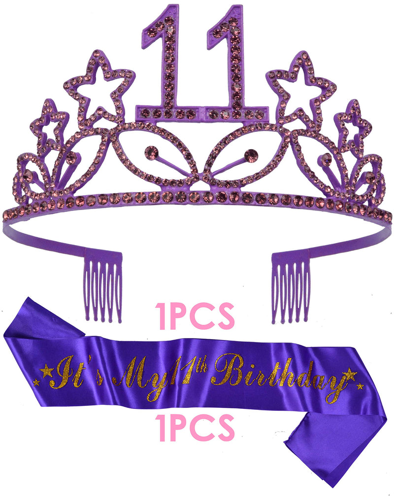 11th Birthday Gifts for Girl, 11th Birthday Tiara and Sash Purple, Happy 11th Birthday