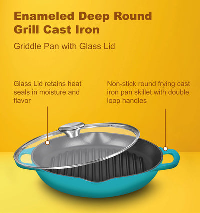 Enameled Deep Round Grill Cast Iron Griddle Pan with Glass Lid 10 Inch Non-Stick Round