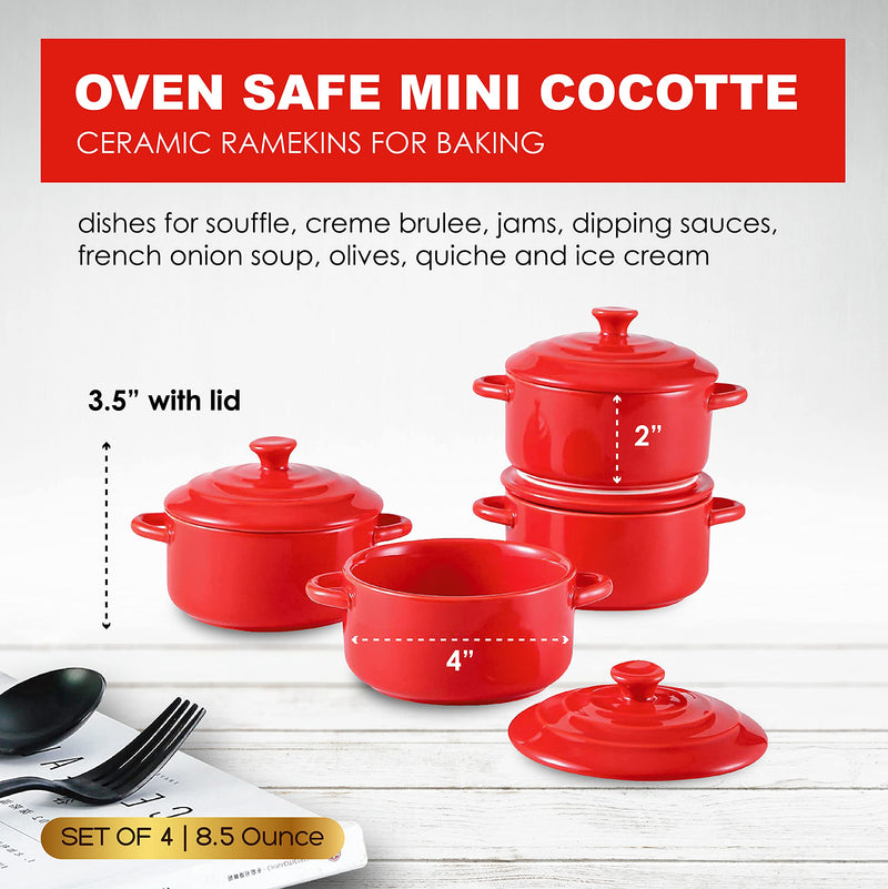 Bruntmor 8.5oz Oven Safe Mini Cocotte Ceramic Ramekins For Baking, Mini Casserole