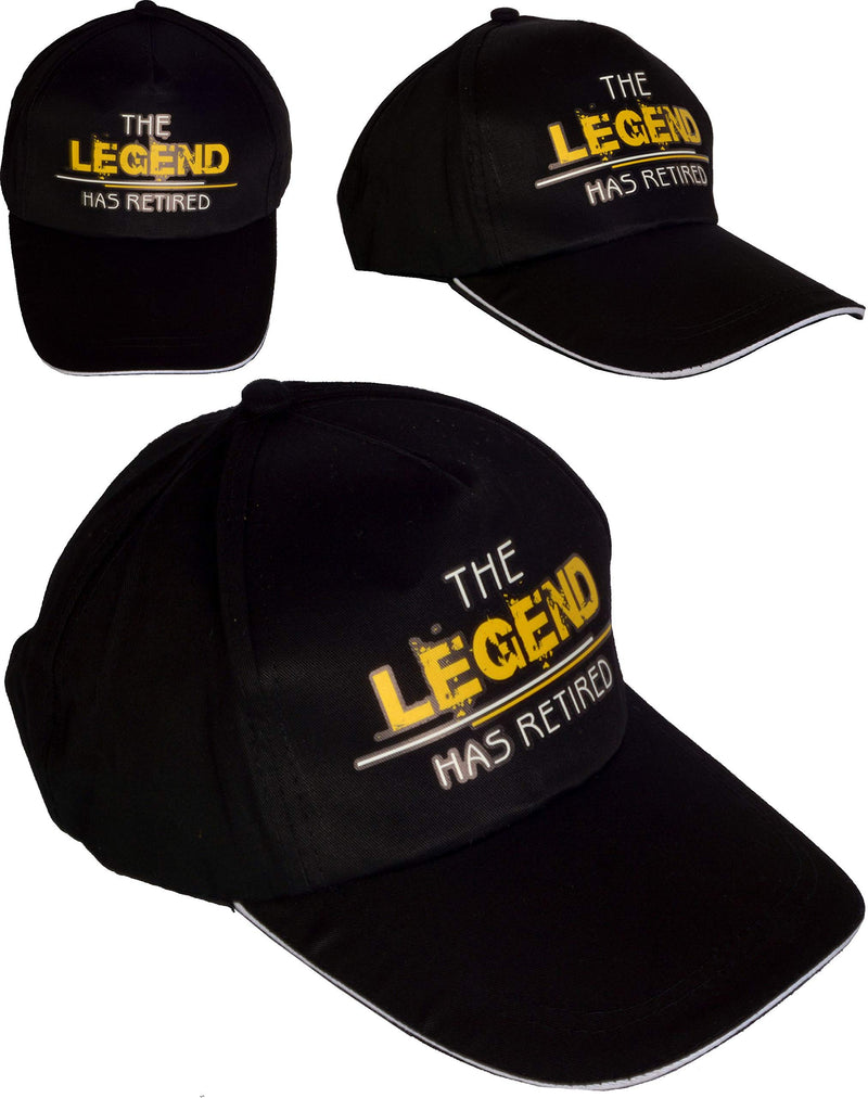 Happy Retirement Banner, The Legend has Retired Sash and Hat/ Baseball Cap Gold, The