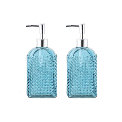 Dot Glass Lotion Dispenser-Soap Bottle with Plastic Pump-16.5oz-Set of 2 (Peacock Blue