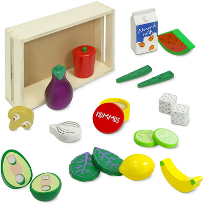 Kidzlane Wooden Vegan Toys with Wooden Crate | 20 Piece Wood Play Food Set for Kids