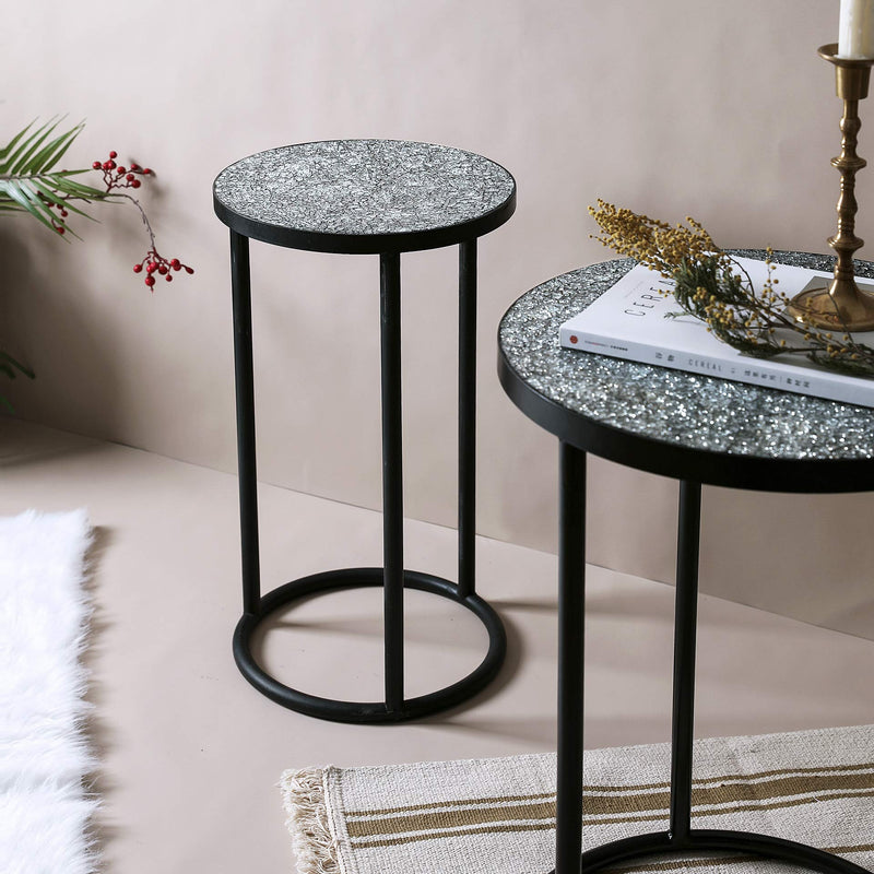 Mosaic Black Metal Round Side Table - Plant Stand - Bistro Table - Glass Top Indoor