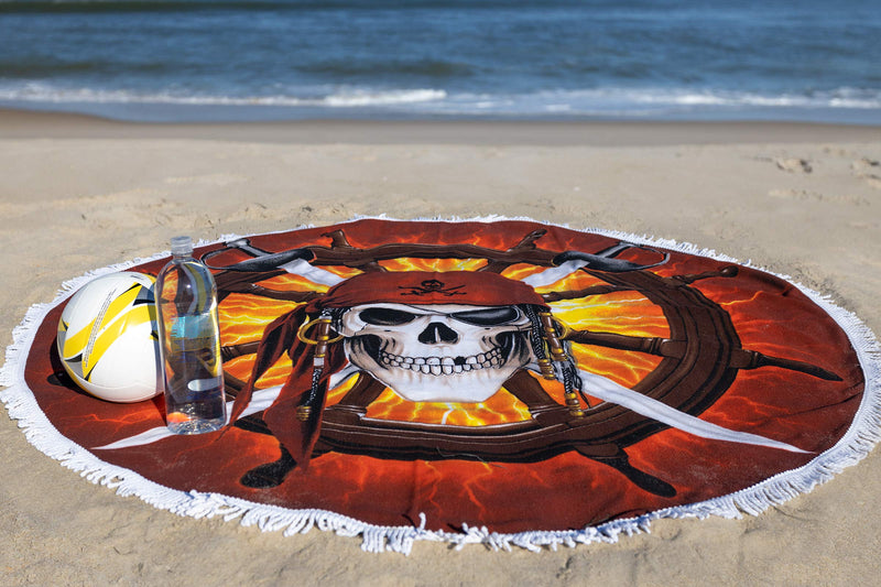 Microfiber Round Large Plush Beach Towel Blanket, 60" D with Fringe (Sea Pirate