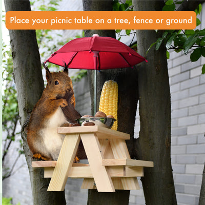 Squirrel Feeder Table With Umbrella - Wooden Squirrel Picnic Table Feeder