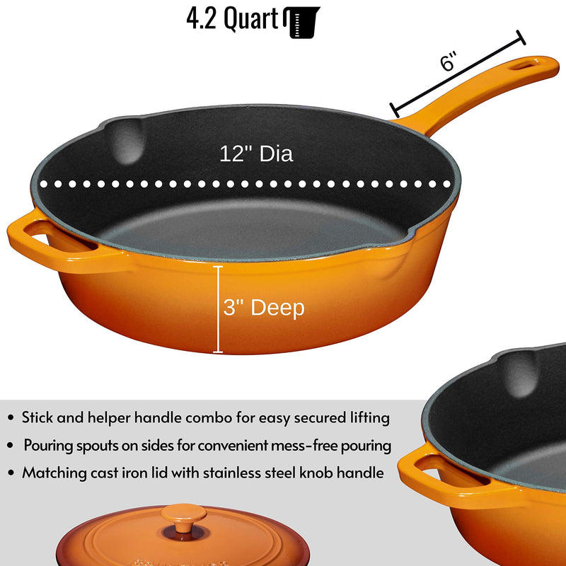 Enameled Cast Iron Skillet Deep Saut Pan with Lid, 12 Inch, Pumpkin Spice, Superior Heat