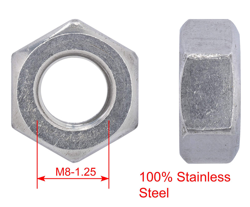 M8-1.25 Metric Stainless Hex Nut, (100 Pack), 304 (18-8) Stainless Steel Nuts, DIN 934,