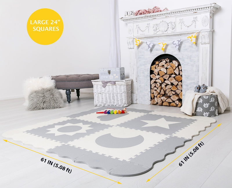 Baby Play Mat Tiles - 61" X 61" Extra Large, Non Toxic Foam Baby Floor Mat - Grey & White