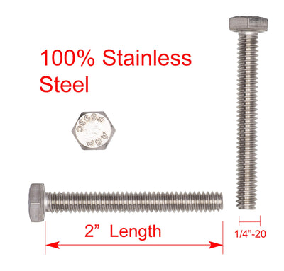 1/4"-20 X 2" (25pc) Stainless Hex Head Bolt, Fully Threaded, 18-8 Stainless