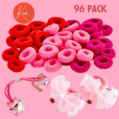 Kicko Hair Scrunchies - 96 Pack, Red, Pink and Purple in Heart Shaped Packing- for Kids