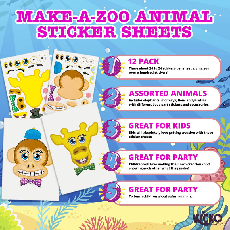 Kicko Make-a-Zoo Animal Sticker Sheets -12 Pack - for Kids, Arts, Parties, Birthdays