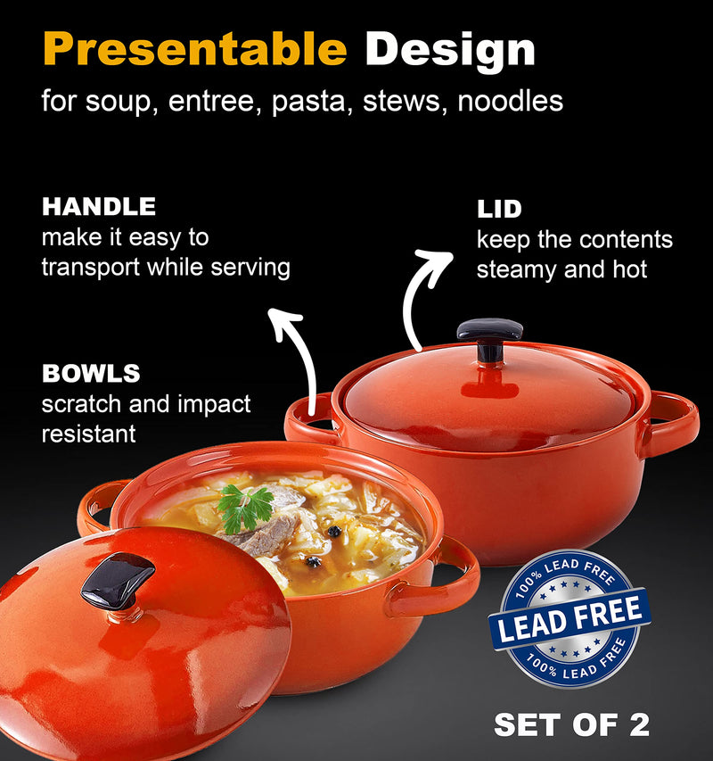 Soup Crocks Bake & Serve Oven Safe Ceramic Soup Bowls With Handles and lids - 20oz Set