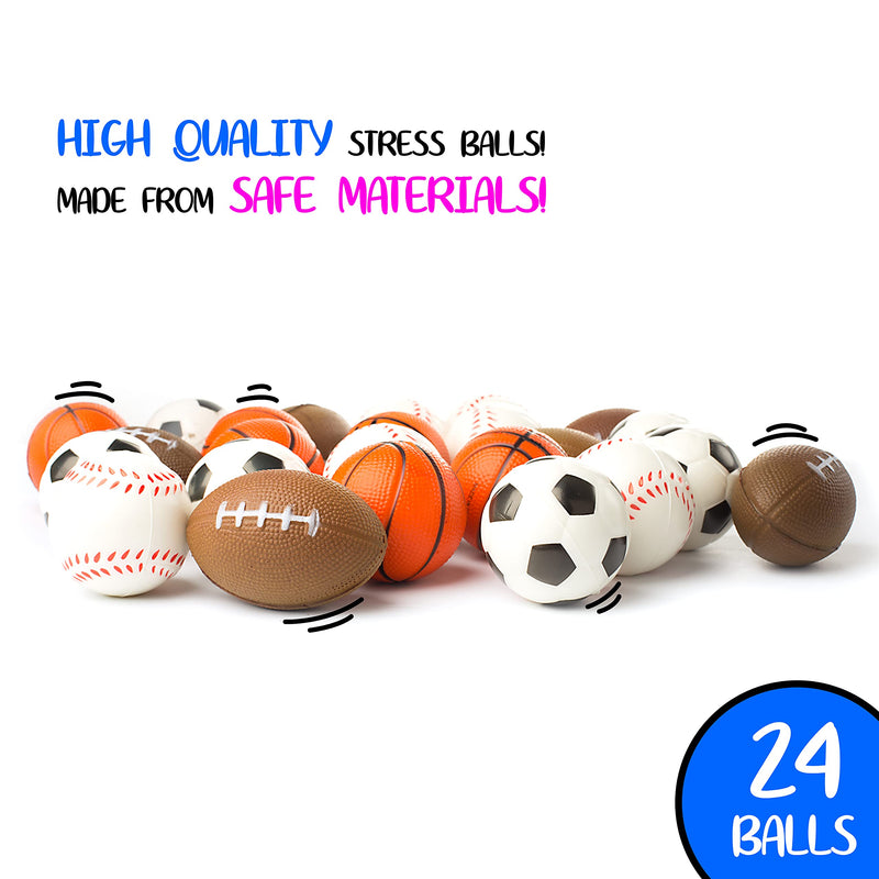 Set Of 24 Sports 2.5" Stress Balls - Includes Soccer Ball, Basketball, Football, Baseball