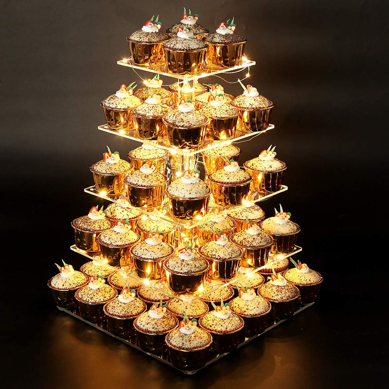 Pastry Stand 5 Tier Acrylic Square Cupcake Display Stand With Led String Lights, Dessert