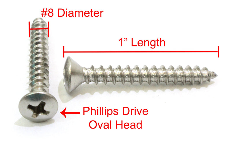 8 x 1-1/2" Stainless Oval Head Wood Screws (100pc) 18-8 (304) Stainless Steel Choose Size